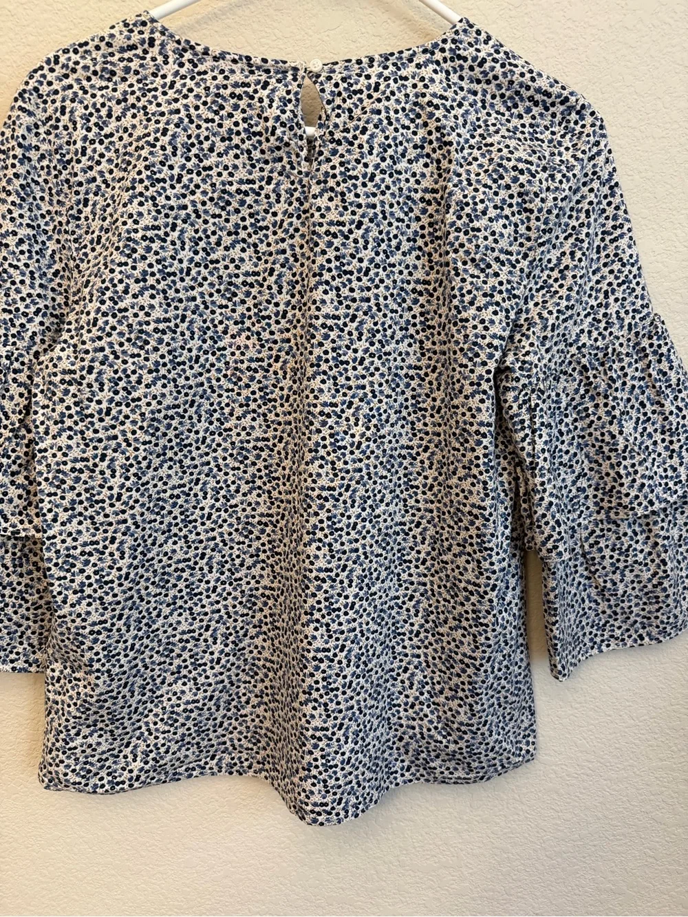 J. Crew Blue and White Ditsy floral Tiered Bell Sleeve Blouse Sz 8